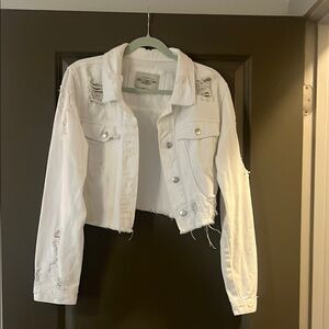 White Cropped Distressed Jean Jacket